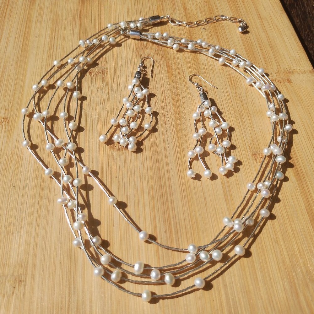 JAY KING DTR 5 Strand Liquid Silver & Pearl 925 Sterling Silver Necklace